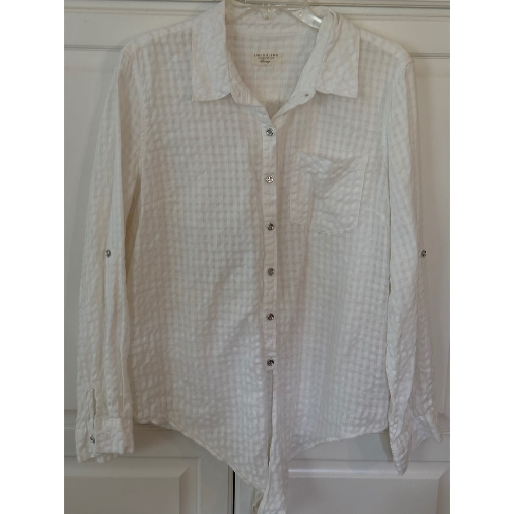 Charter Club Luxury White Linen Blend Gingham Roll Tab Tie Front Shirt Womens L